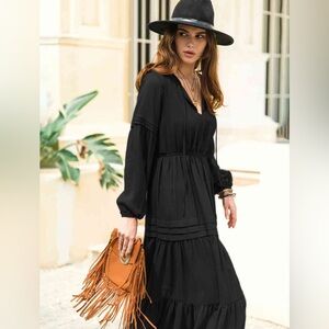 Rusttydustty NWT Lantern Sleeve Flippy Hem Boho Chiffon Black Dress M